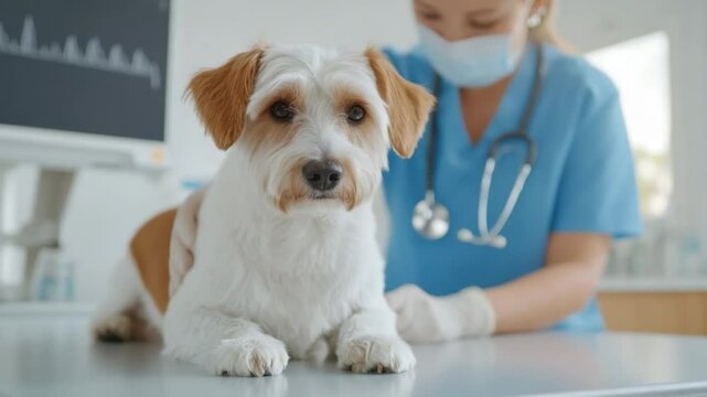 Dog's Medical Checkup at Vet's Clinic: A focused medium shot captures a Jack Russell Terrier calmly undergoing a health examination at a veterinary clinic, illustrating pet care and wellness. 