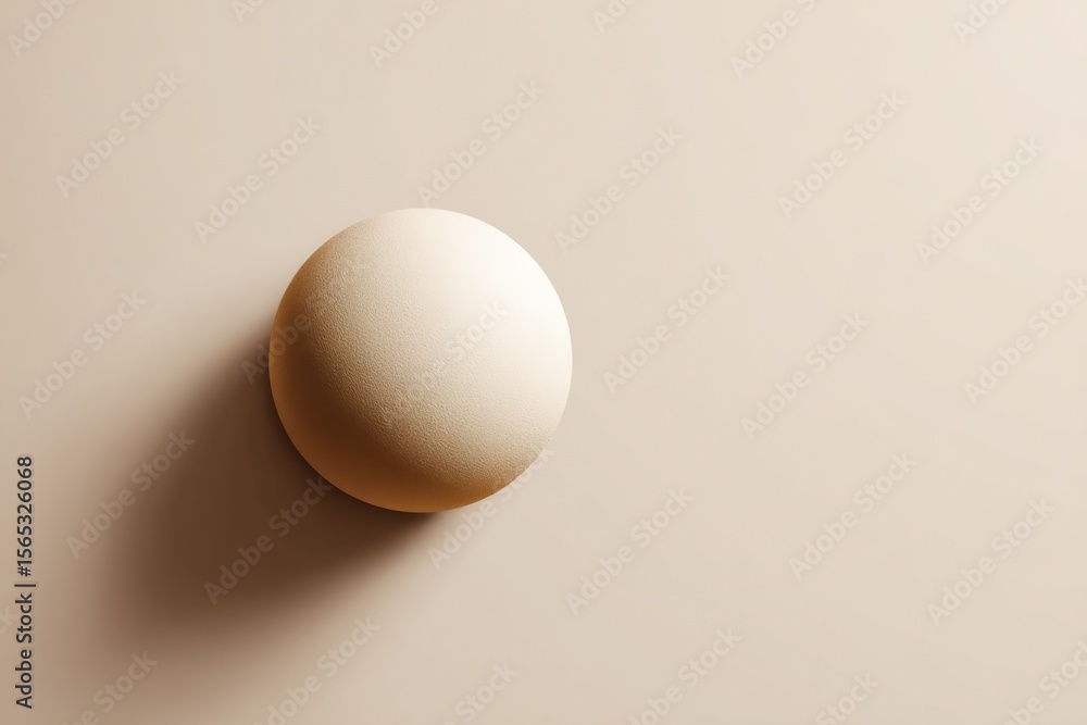 Poster minimalist beige round textured ceramic or ceramic-like sphere casting soft shadow on plain light ba