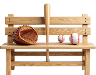  Minimal 3D Baseball Icon Set on Bench – Youth League Equipment Scene – Transparent PNG