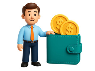 3D Businessman with Wallet and Coins Illustration – Isolated on Transparent Background