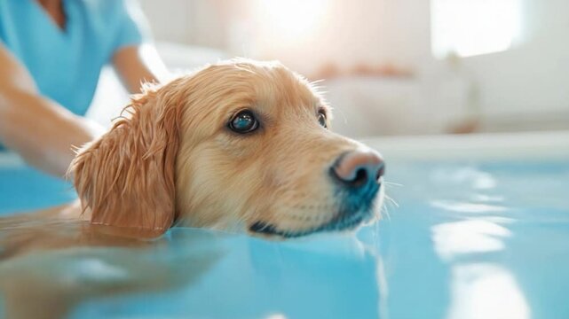 Golden Retriever Hydrotherapy: A golden retriever dog undergoes gentle hydrotherapy, its head above water, looking serene and relaxed with a therapist's hand gently supporting it.