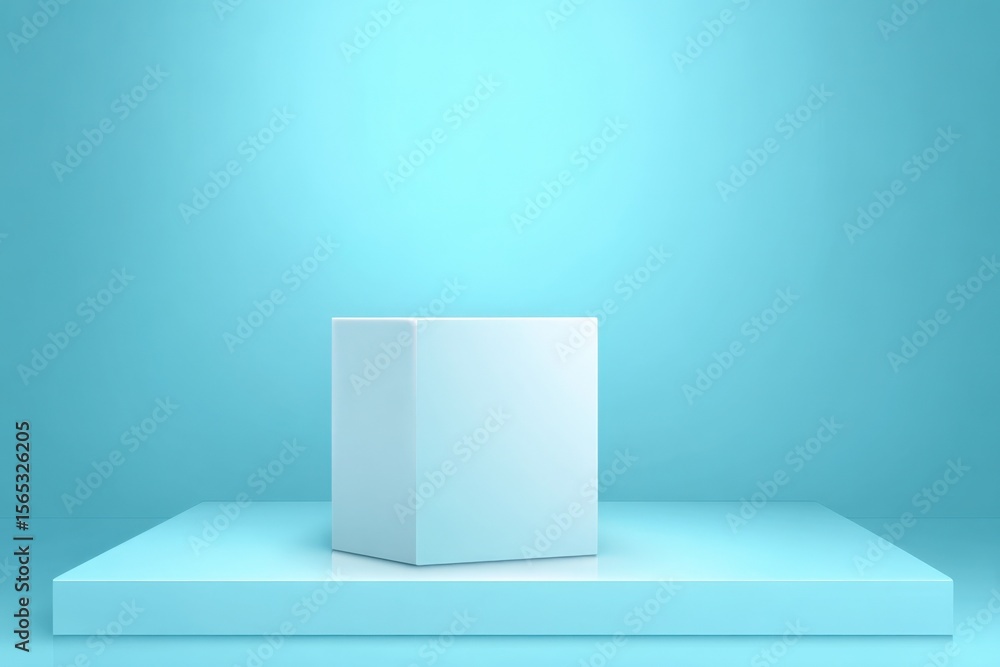 Aufkleber minimalist white cube on a platform with soft blue background, simple geometric object for modern de