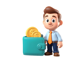 Businessman with wallet full of golden coins representing income, savings, salary, and financial planning – isolated on transparent background