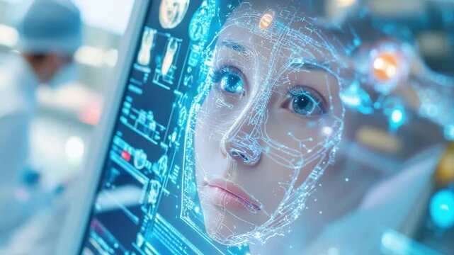 Human Brain Analysis: A close-up shot showcases the fusion of science and technology, where a human face is overlaid with a holographic representation of the brain.