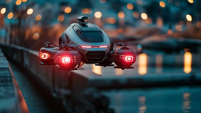 futuristic car hover over urban city street at night 