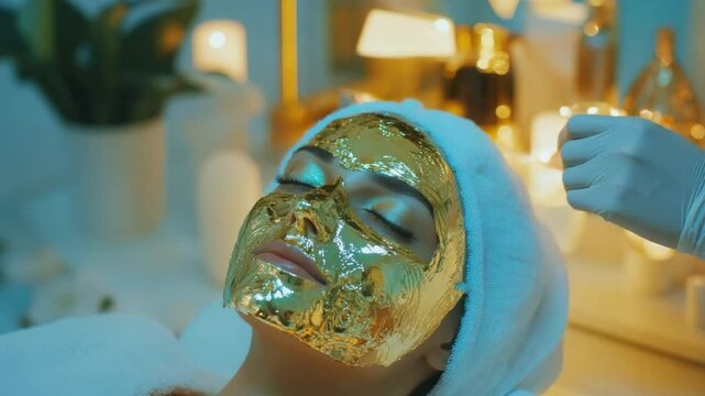 Golden Glamour: A woman undergoes a luxurious spa treatment, a glistening gold mask adorning her face. The ambiance is serene and inviting, epitomizing self-care and rejuvenation.