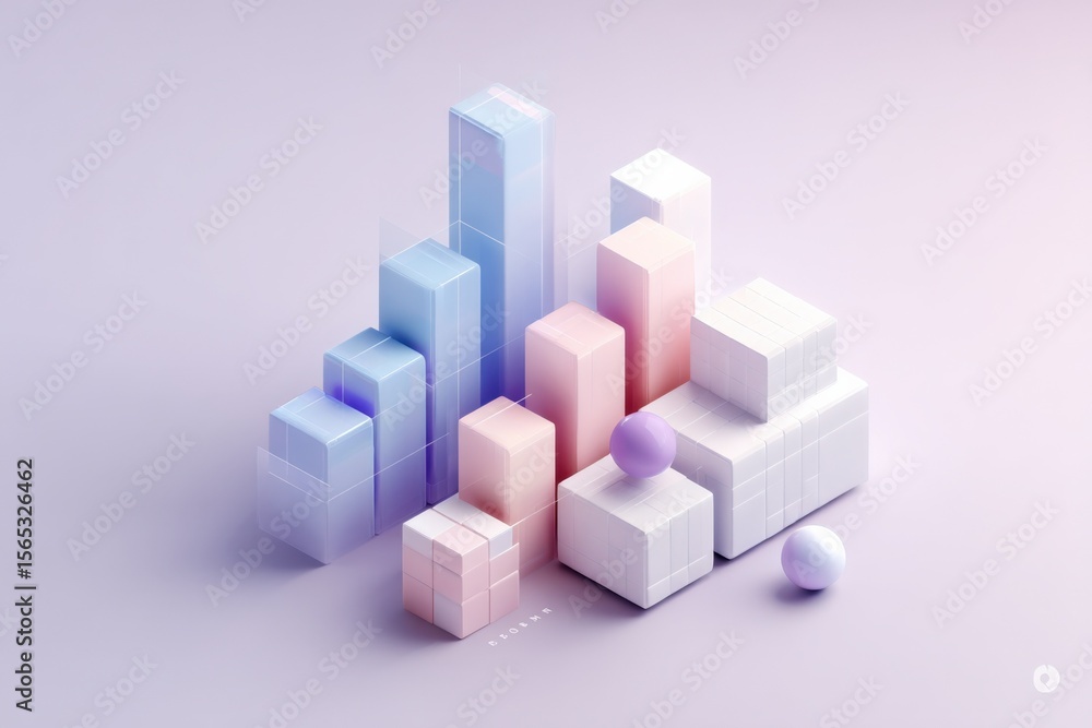 Poster Colorful 3D geometric blocks and spheres arranged in a modern abstract composition on pastel background for creative design and visual art projects