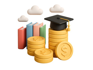 3D Stack of Dollar Coins with Graduation Cap and Books Representing Academic Success, Education Funding, and Financial Investment Isolated on Transparent Background