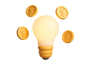 3D Glowing Light Bulb with Floating Dollar Coins Representing Creative Business Idea and Financial Innovation Isolated on Transparent Background