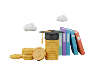3D Stack of Gold Coins with Graduation Cap, Books, and Clouds Representing Education Funding and Academic Investment Isolated on Transparent Background