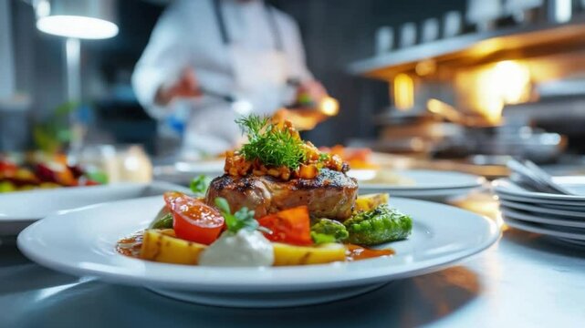 Culinary Masterpiece: A close-up of a chef's creation featuring a beautifully plated gourmet meal on a clean setting.