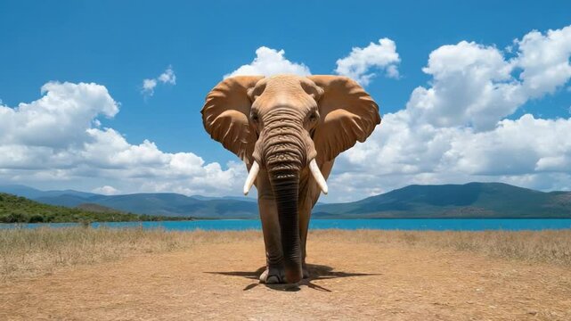 Majestic Elephant Amidst Serenity: A lone elephant stands proudly, its colossal form framed by the backdrop of a serene lake, rolling hills, and an expansive sky.