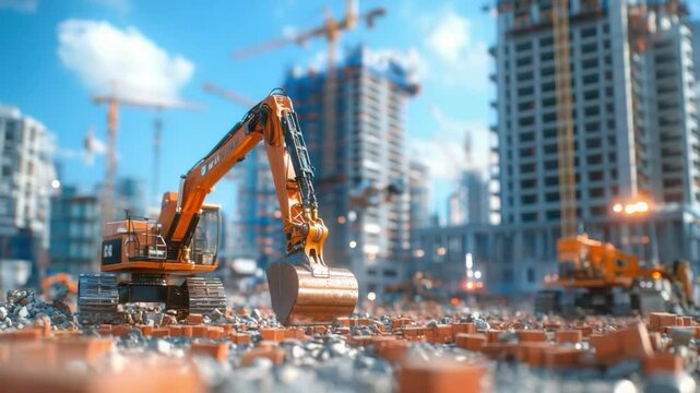 Construction Site: The image captures the dynamics of a construction site, featuring heavy machinery amidst a cityscape, illustrating the processes and machinery involved in urban development.