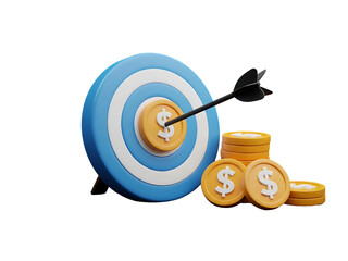 3D Dollar Coin Bullseye on Blue Target with Arrow and Gold Coins for Business and Financial Success Concepts Isolated on Transparent Background