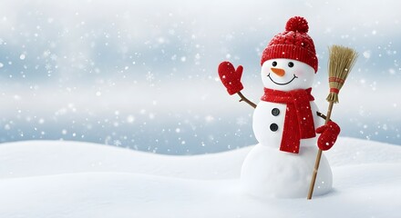 Obraz premium Snowman in red hat, scarf, and mittens. Winter character standing outdoors in falling snow. Christmas and New Year holiday.