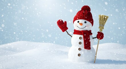 Snowman in red hat, scarf, and mittens. Winter character standing outdoors in falling snow. Christmas and New Year holiday.
