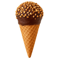 Delicious chocolate ice cream cone with crunchy nut topping isolated transparent background