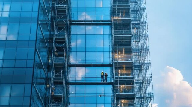 Urban Ascent: Capturing the dynamic lines of a modern skyscraper reaching for the sky, with a glimpse of individuals at work, symbolizing ambition and progress in the city.