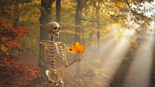 Skeleton holding a leaf in a forest. Scene is eerie and mysterious. The skeleton is standing in the woods, surrounded by trees and leaves, giving the impression of a haunting scene