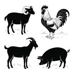 Fototapeta premium Black and White Farm Animals Ram Rooster Goat and Pig Silhouettes