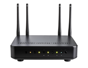 Front View of Sleek Black Wireless Wi-Fi Router with Dual Antennas – Isolated PNG