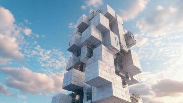Abstract Cuboid Skyscraper: A futuristic architectural marvel, a skyscraper composed of stacked cuboid structures, rises towards a vibrant blue sky dotted with fluffy clouds.