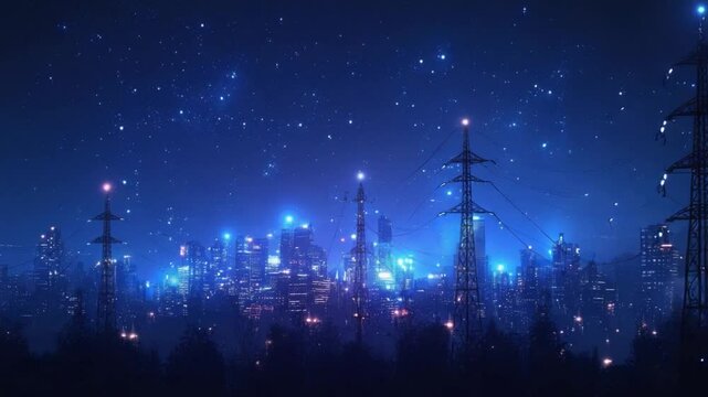 City Lights at Night: A captivating nightscape of a modern city bathed in the cool glow of electric lights, set against a vast, star-studded sky.