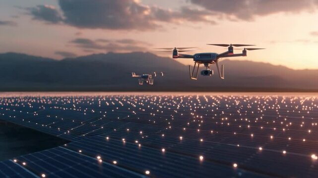 Drones Over Solar Panels: High-angle shot of two cutting-edge drones hovering above a vast solar panel array, a symbol of sustainable energy and advanced technology.