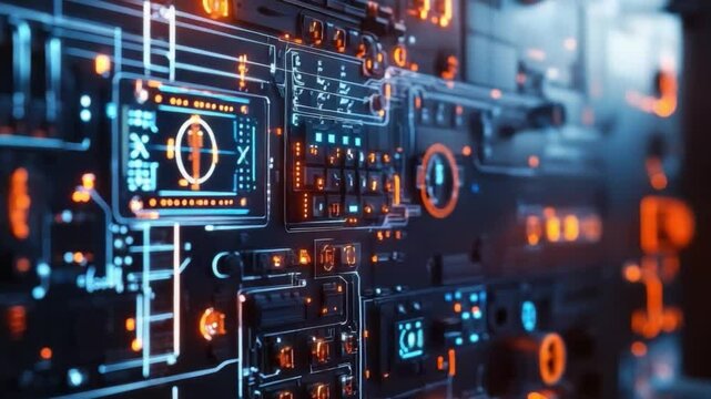Circuit Board in Close-up: A detailed view of an intricate circuit board illuminated with vibrant lights, emphasizing technology and innovation.