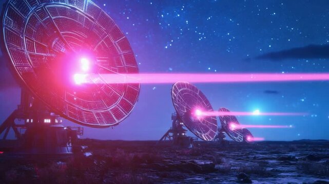 Cosmic Communication: Two giant dish antennas reaching for the starry night sky, emitting a beam of electromagnetic radiation, a stunning display of space exploration technology, in the night sky.