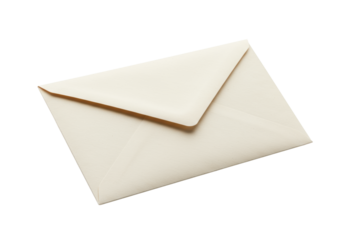 Vintage off-white paper envelope, back side with sealed triangular flap, subtle texture, clean and pristine, isolated against a transparent background with shadowless studio lighting, minimalist