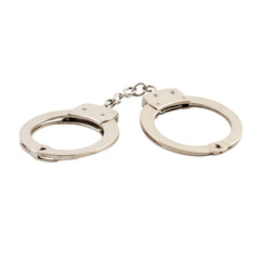 Metallic handcuffs on white background for law enforcement use  