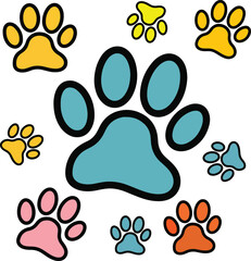 Fototapeta premium A cheerful and vibrant seamless pattern featuring an array of cartoon paw prints in various sizes.