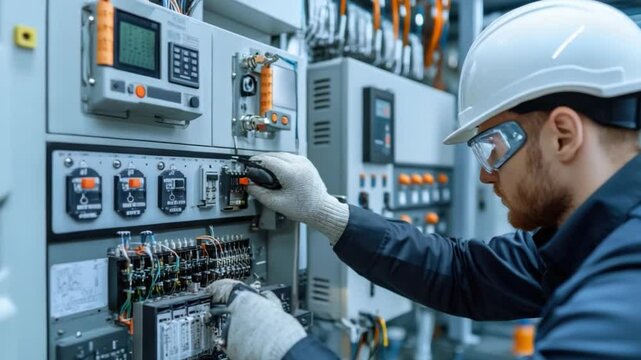 Electrician at Work: A focused electrician meticulously works on an electrical panel, showcasing expertise and precision in a high-tech industrial setting.