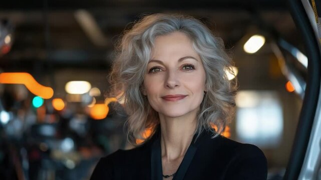 Graceful Portrait: A refined woman with stylish gray hair exudes confidence and approachability, striking a pose in an urban setting.
