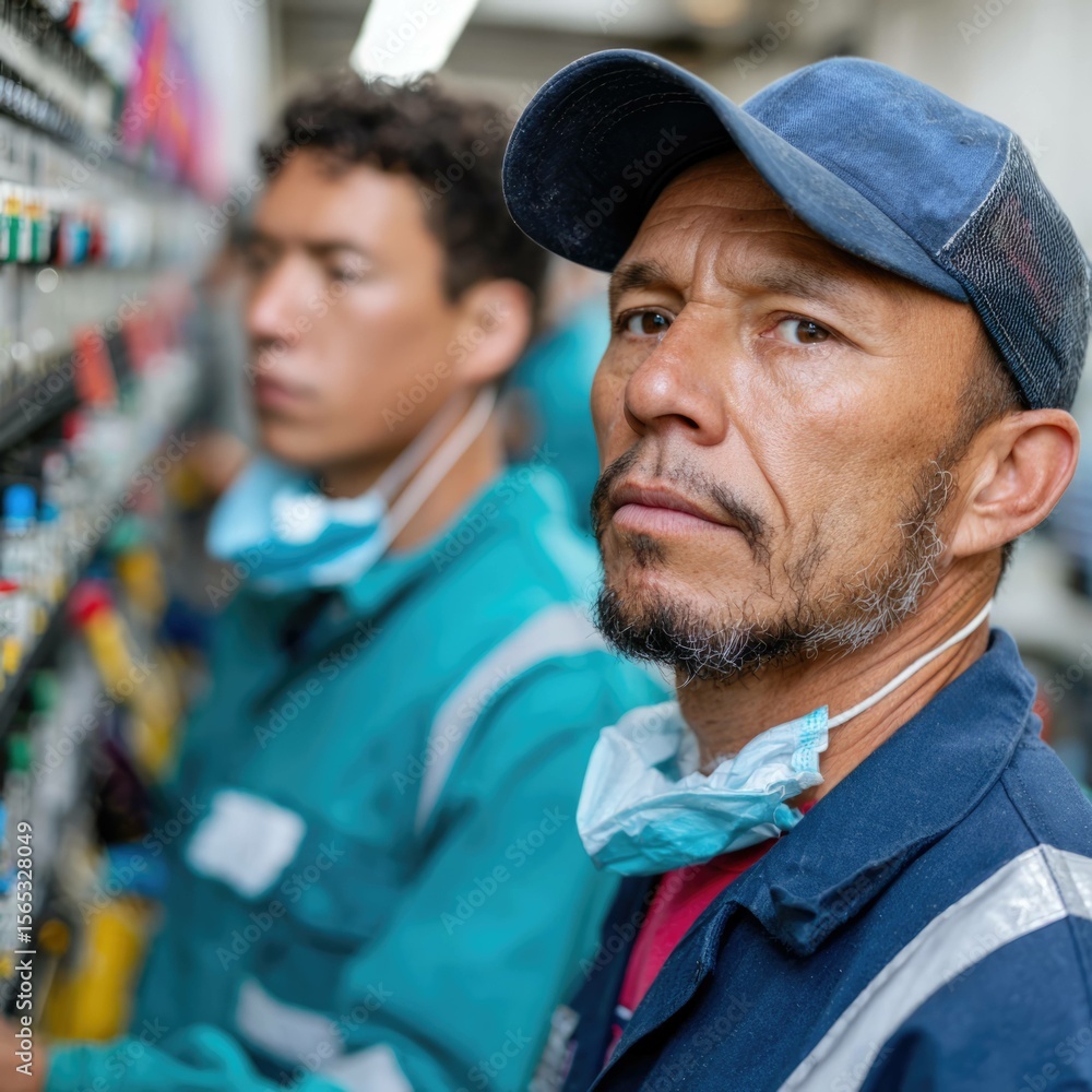 Poster industrial operators in profile factory closeup image industrial environment side view operator focu