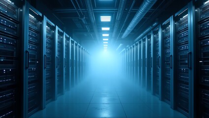 Rows of computer servers in a dimly lit data center