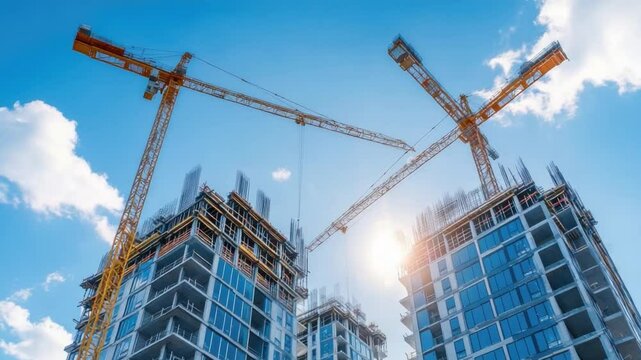 Construction Symphony: A low-angle shot of construction cranes poised against a sun-kissed sky, elegantly overlooking a partially built skyscraper.