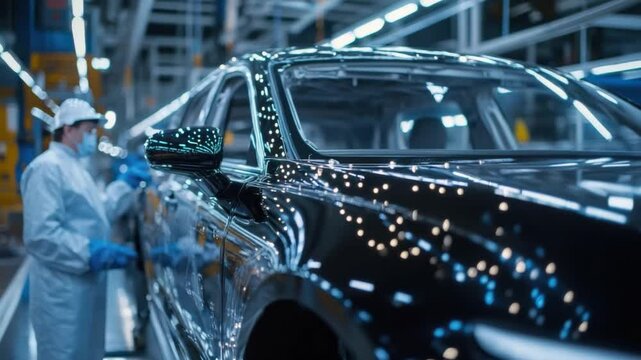 Automobile Manufacturing Process: An automotive professional, diligently working on the exterior of a brand new vehicle, showcasing the precision and detail in assembly and production.