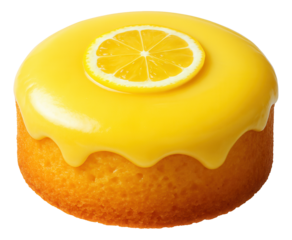 Lemon cake with glossy yellow icing topped with a fresh lemon slice.