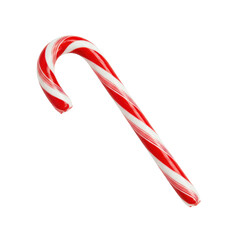 A single traditional red and white striped candy cane with a glossy, highly reflective finish, vibrant helical stripes, and an iconic hook shape, isolated against a pristine transparent background