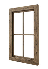 Obraz premium A rustic, weathered wooden window frame with four clear, empty glass panes, showing aged grain and deep texture, against a transparent background in a minimalist studio environment for
