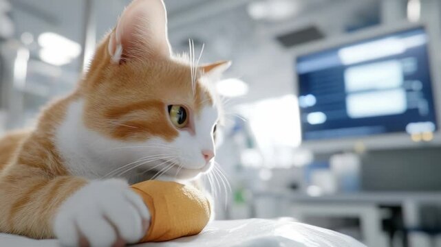 Cat in Veterinary Care: A ginger cat rests on a veterinary table, a comforting sight amidst the clinical setting, highlighting compassion and care for our animal companions.