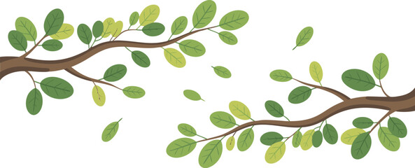 Obraz premium Cartoon Tree Branches with Green and Yellow Leaves Isolated on White Background
