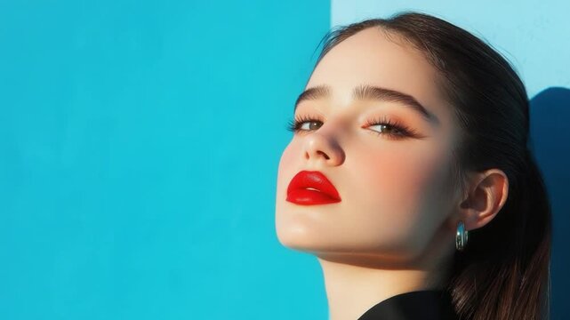 Portrait of Elegance: A young woman, with her striking red lipstick and flawless skin, embodies timeless beauty in this studio portrait against a duo tone wall of azure and light blue.