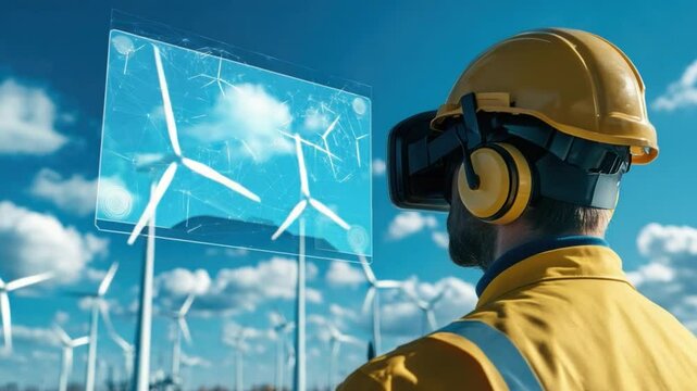 Engineer Using VR Headset to Inspect Wind Farm: A construction worker or engineer dons a VR headset, inspecting a wind farm's digital model.