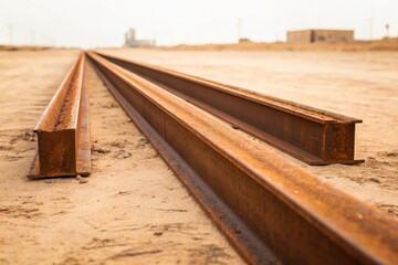 Rusty metal rails in desert landscape