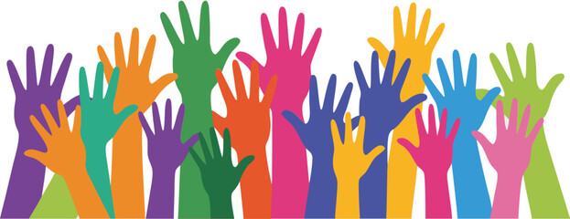 Colorful Hands Raised in Unity Diverse Crowd Illustration for Community, Volunteerism, and Support