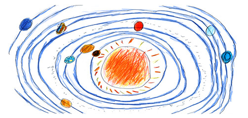 Pencil drawing in children's style. Solar system