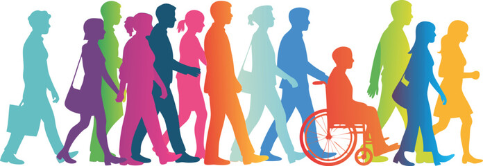 Colorful Silhouettes Diverse Group of People Walking Together, Including a Person in a Wheelchair